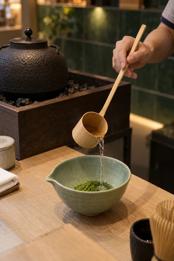 Hot water ladled from an iron kettle into a bowl of matcha.