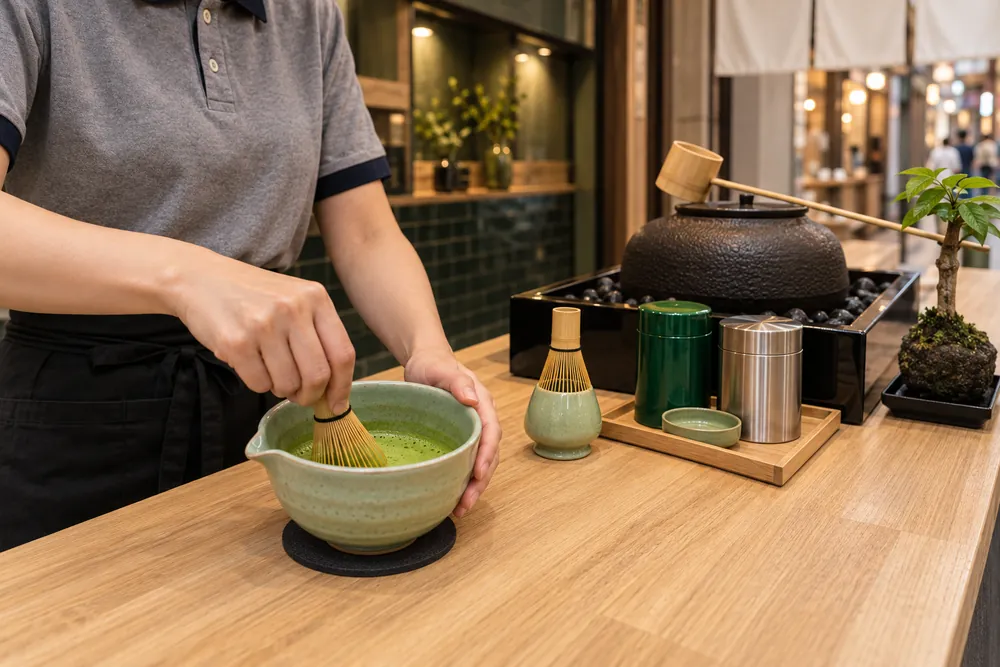 Matcha being whisked with a bamboo whisk in a ceramic bowl at the counter.