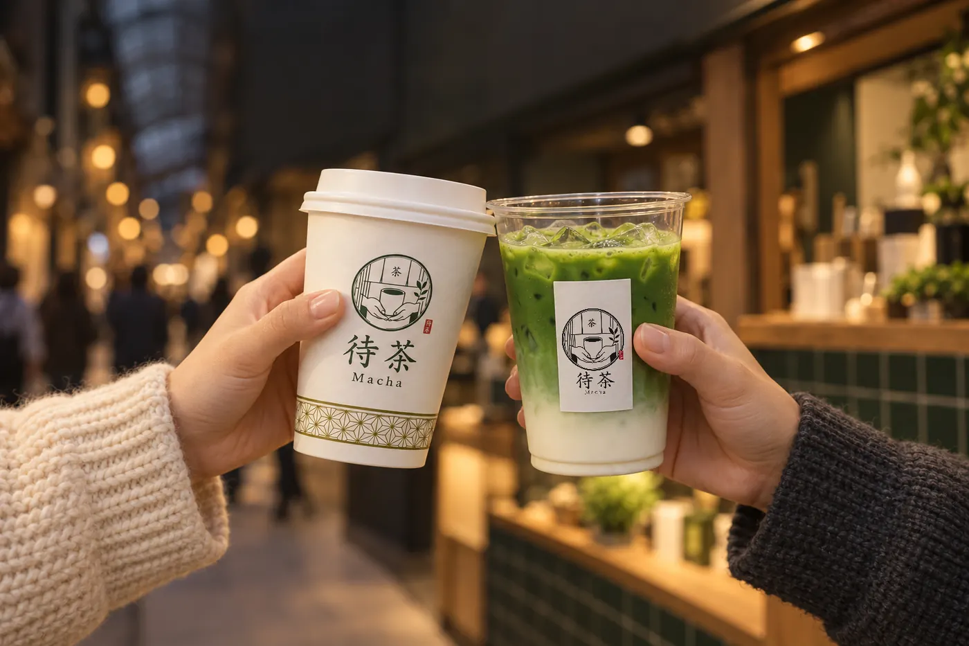 Two friends touch their cups together: a hot paper cup and an iced matcha latte, in a shopping arcade at dusk.