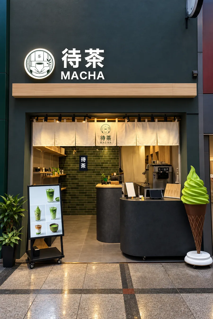 The MACHA shopfront at dusk: a dark green wall, the white 待茶 MACHA sign, an oak beam and white noren.
