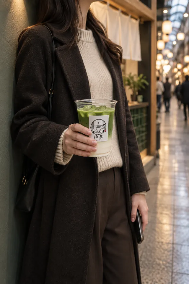 Someone waiting by a dark green wall, holding an iced matcha latte.